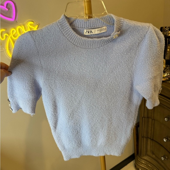 Zara Sky Blue Knit Top with Button Detail - Picture 6 of 10